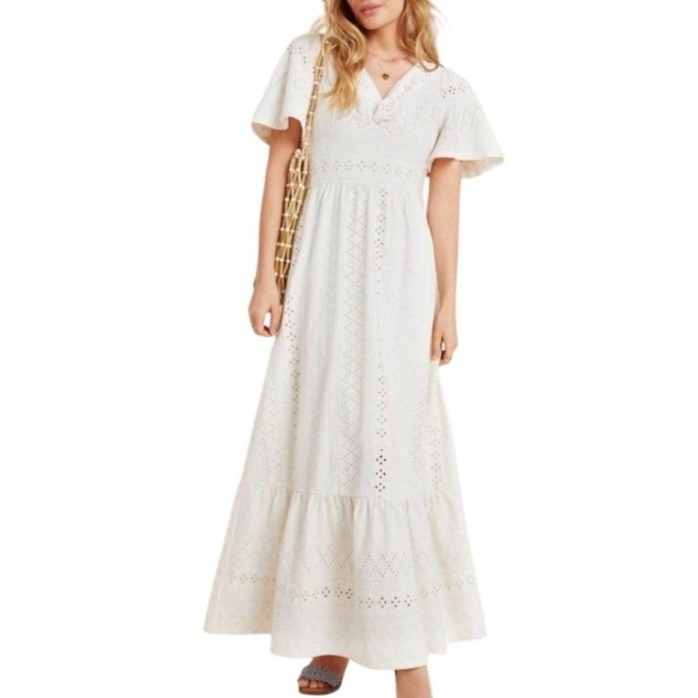 Maeve Anthropologie Rochelle Eyelet Maxi Dress White Boho Cottagecore Size XS